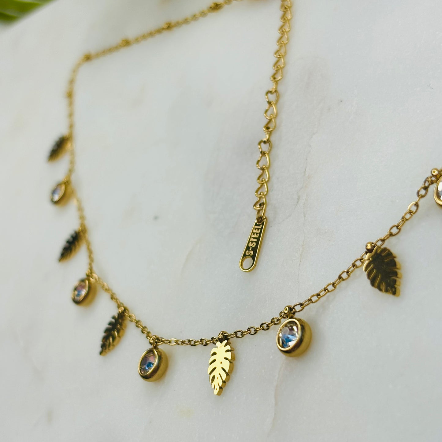 Leaf Zircon Charm Necklace