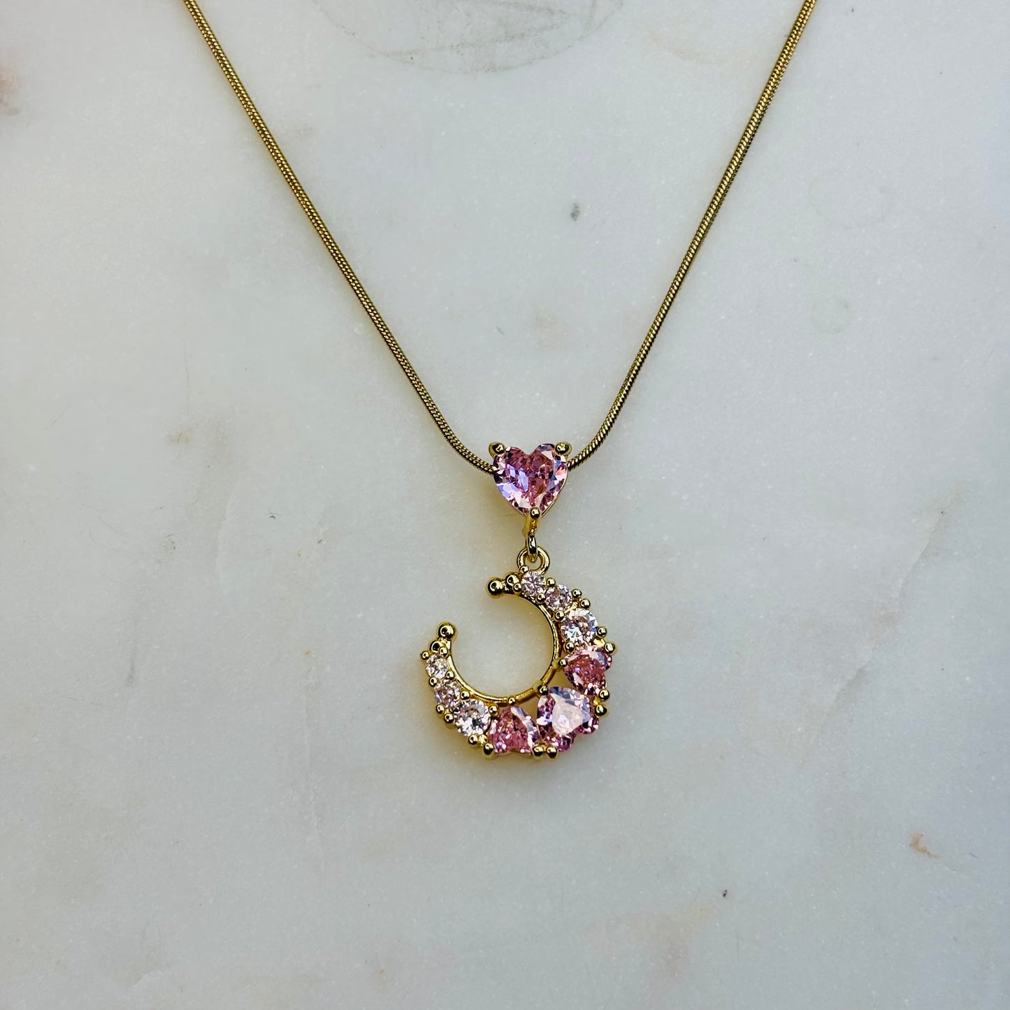 Pink Heart Crescent Necklace