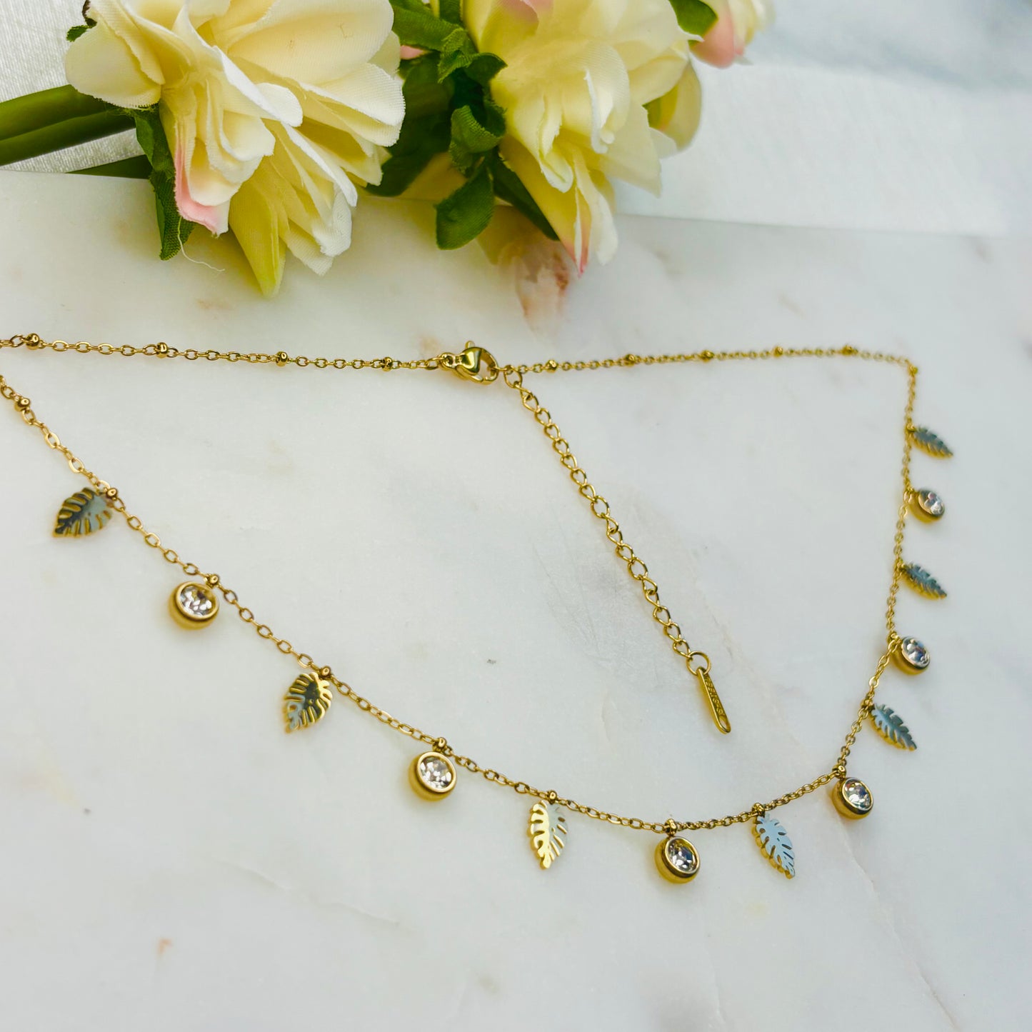 Leaf Zircon Charm Necklace