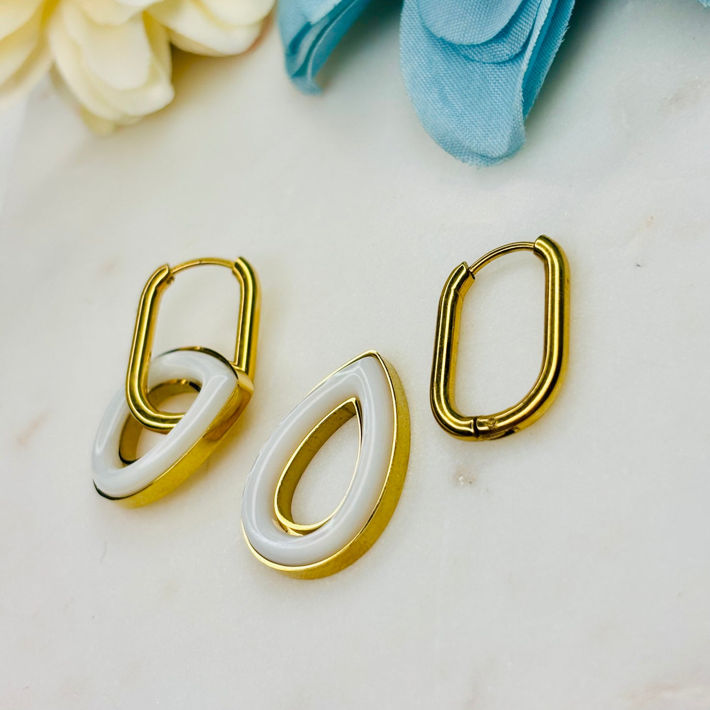 White Enamel Teardrop Hoops