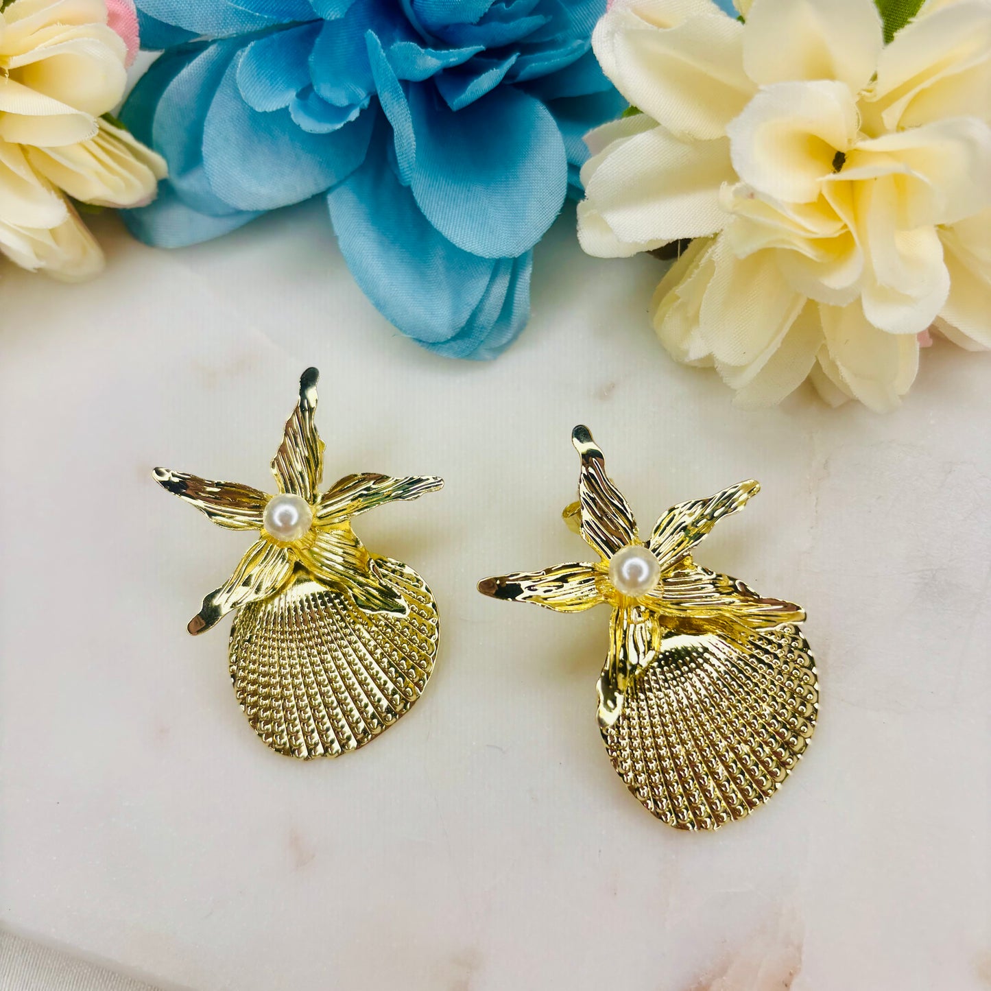 Seashell Pearl Star Earrings