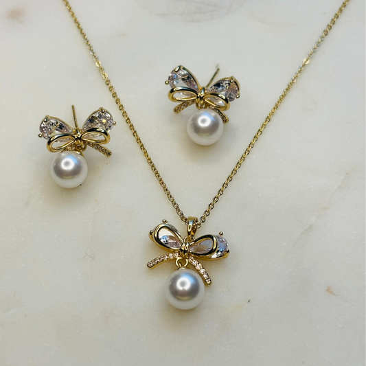 Dainty Bowknot Pearl Set