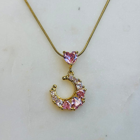 Pink Heart Crescent Necklace