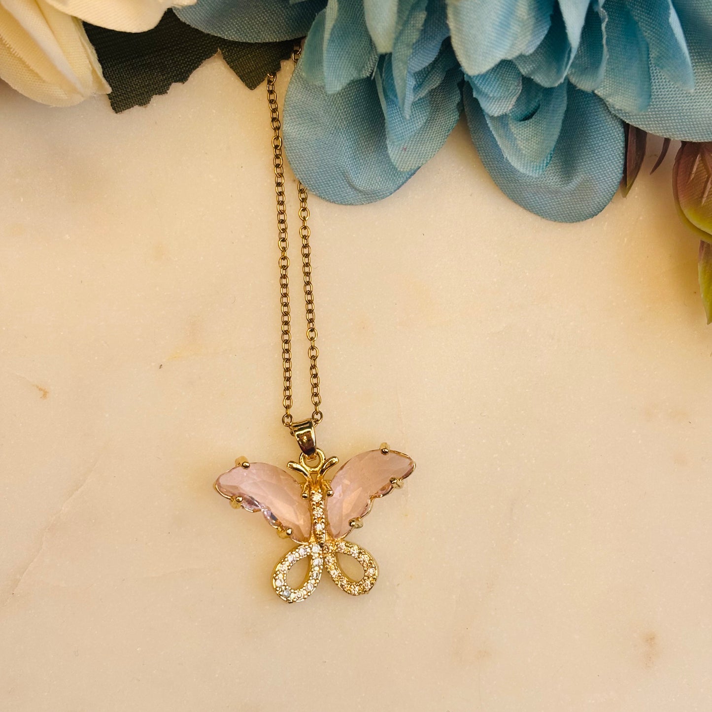 Peach Crystal Butterfly Necklace
