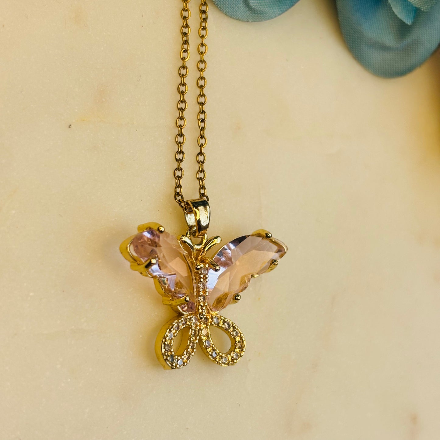 Peach Crystal Butterfly Necklace